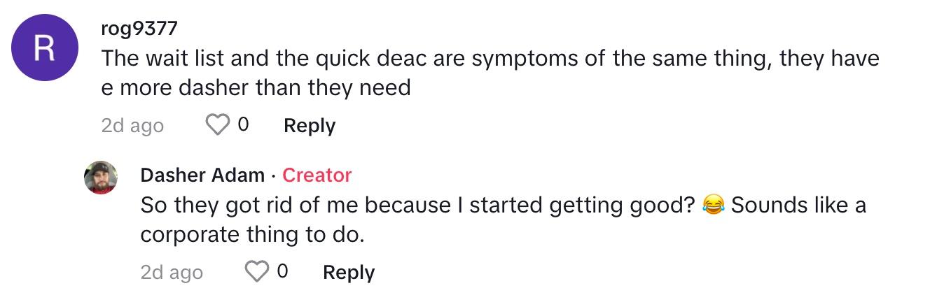 tiktok comment dasher fired vacation