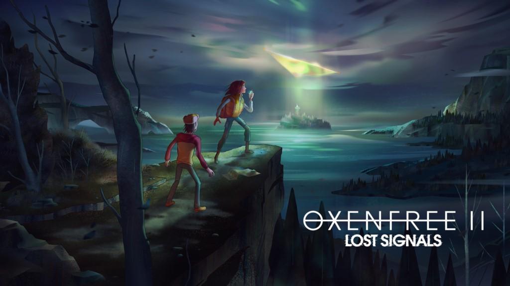 'Oxenfree II: Lost Signals' key art showing Riley and Jacob standing on a cliff. 