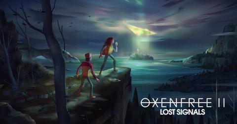 'Oxenfree II: Lost Signals' key art showing Riley and Jacob standing on a cliff.