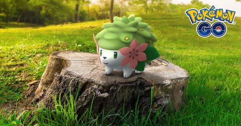 'Pokémon GO' promo art showing Shaymin on a tree stump.