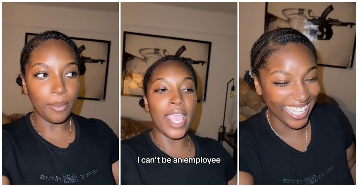 Woman in a black explains why she can't work as an employee because she can't take lunch break at the end of her shift.