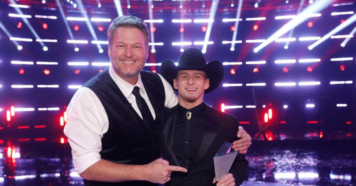 (l-r): Blake Shelton and Bryce Leatherwood posing during Bryce's 'The Voice' win.