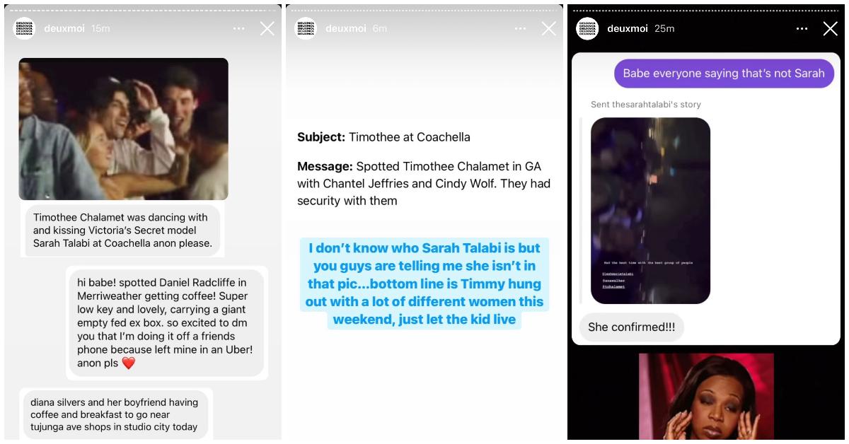 Instagram stories from gossip outlet Deux Moi about Timothée Chalamet at Coachella in 2022.