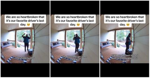 (l-r): A delivery driver saying goodbye to customers at their doorstep.