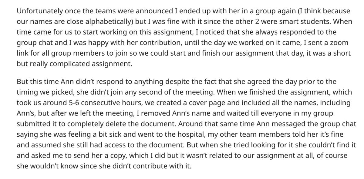 A student tells story of deleting classmate's name from group project in the r/AmItheAsshole subreddit