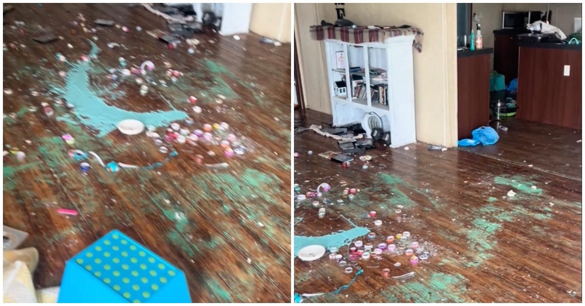 A woman's house is destroyed by her sister and there's paint all over the wood floor