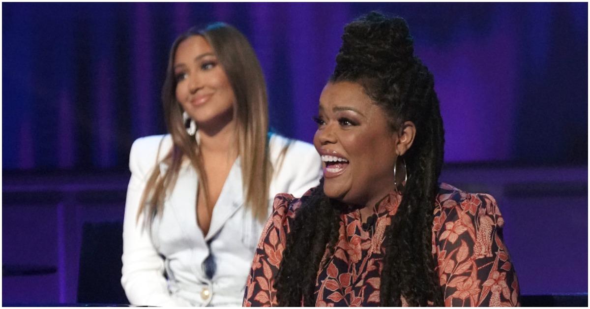 'I Can See Your Voice' panelists Yvette Nicole Brown and Adrienne Houghton smiling and laughing