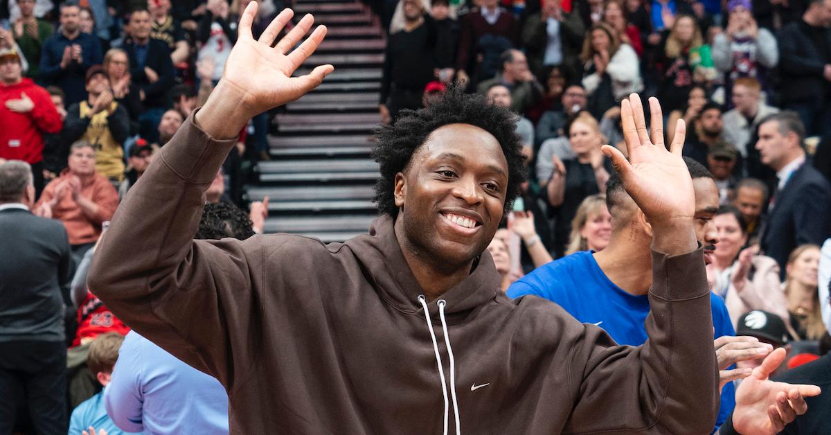 OG Anunoby #8 of the New York Knicks during the Toronto Raptors’ video tribute for him at the Scotiabank Arena on March 27, 2024 