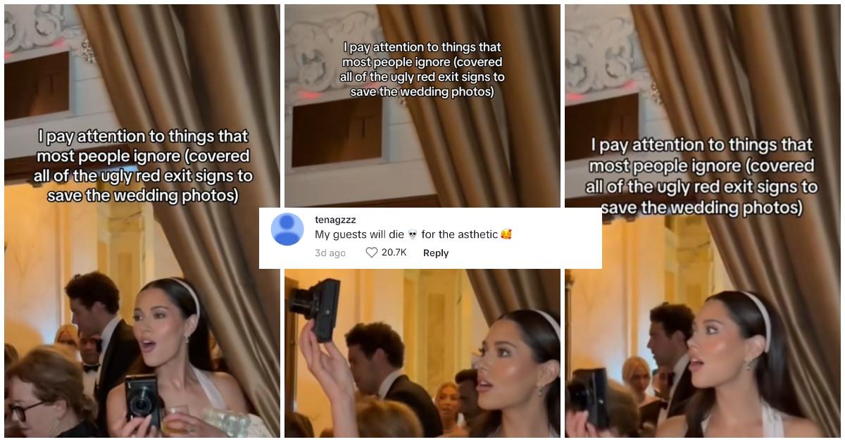 (l-r): A wedding venue's exit sign, TikTok commenter