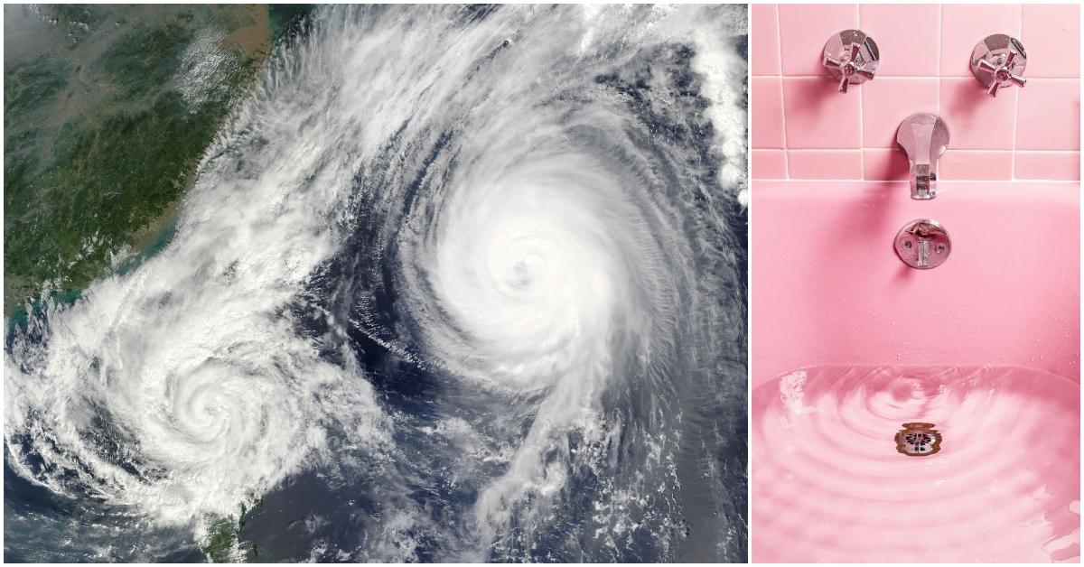 Aerial view of two hurricanes beside a bathtub with water.