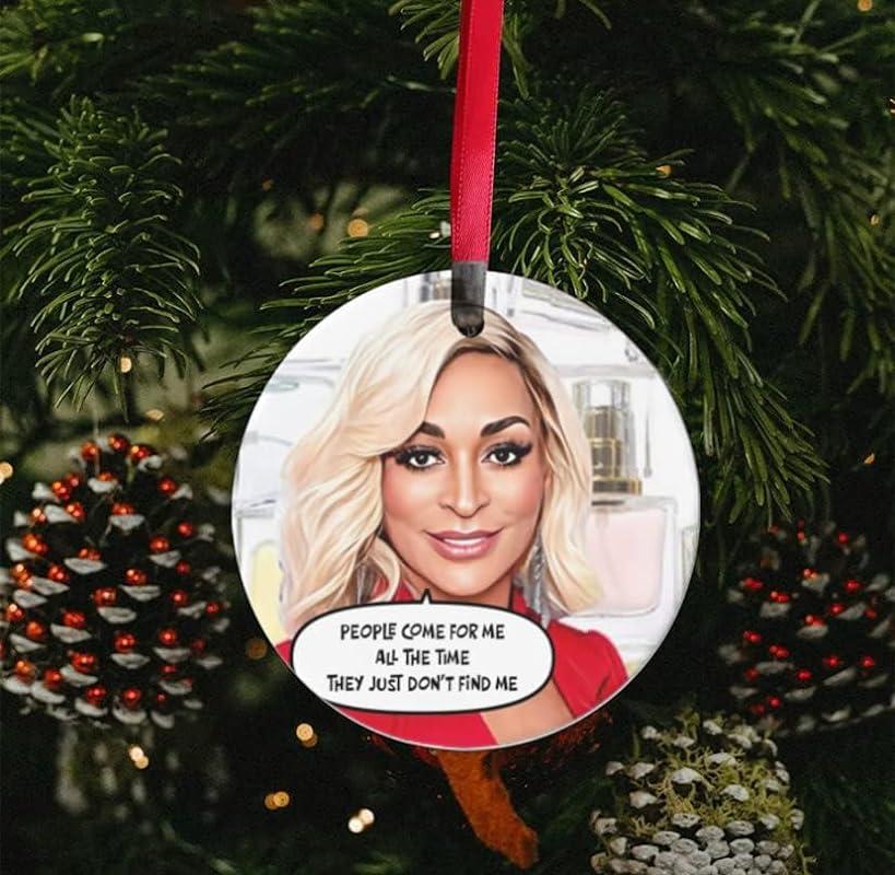 A Christmas tree ornament with a drawing of Karen Huger from 'The Real Housewives of Potomac'