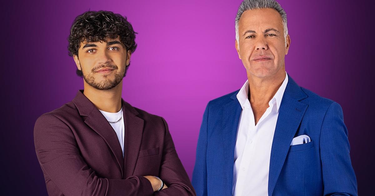 Joey and Anthony from MILF Manor in front of a purple background
