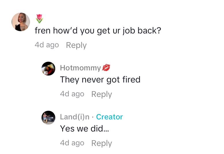 Comment on viral TikTok clip featuring the Chick-fil-A employees who were allegedly fired.
