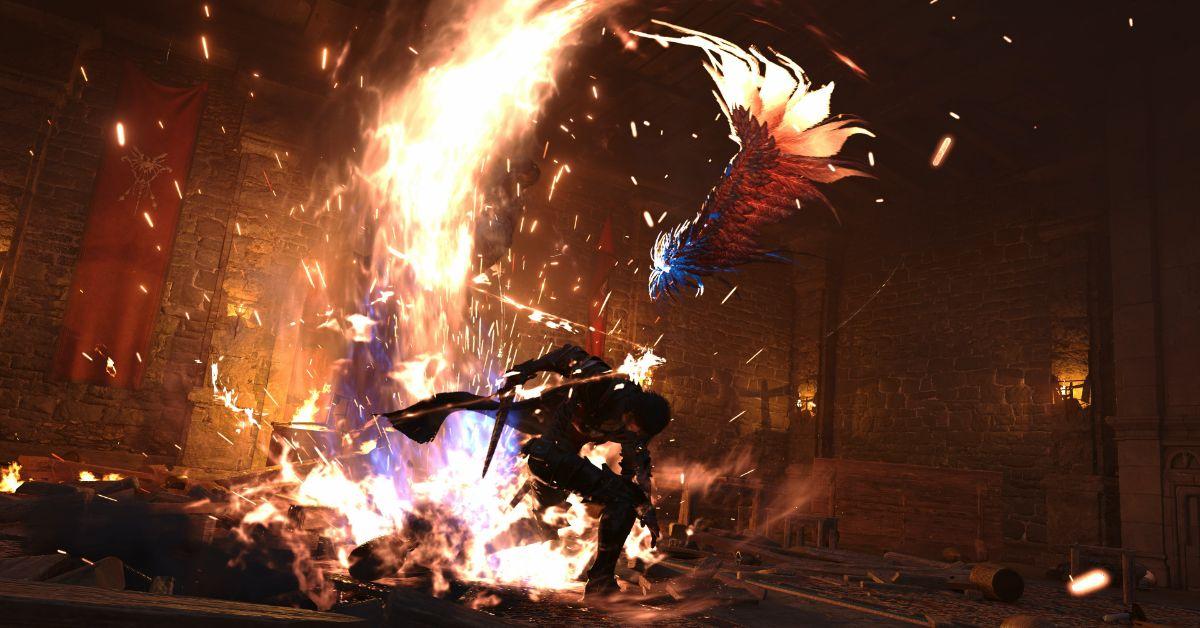 Clive battling an enemy in Final Fantasy XVI.