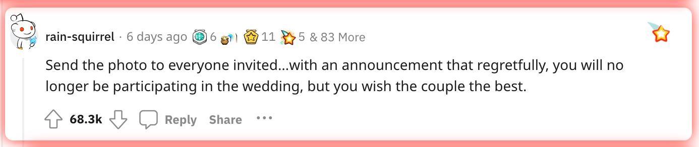 Popular comment -- send the photo to everyone invitied...with an announcement that regretfully, you will no longer be participating in the wedding