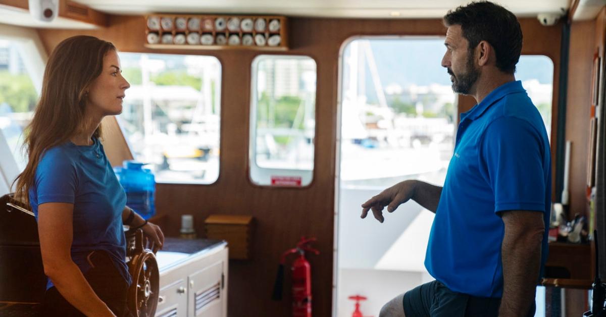 Aesha talks to Captain Jason on the yacht on Below Deck Down Under