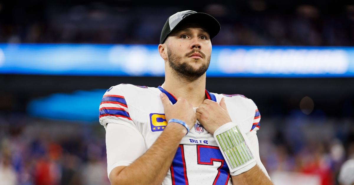 INGLEWOOD, CA - DECEMBER 23: Josh Allen #17 of the Buffalo Bills looks on from the sideline before an NFL football game against the Los Angeles Chargers at SoFi Stadium on December 23, 2023 in Inglewood, California. (Photo by Ryan Kang/Getty Images)