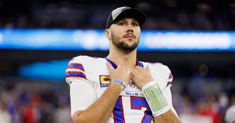 INGLEWOOD, CA - DECEMBER 23: Josh Allen #17 of the Buffalo Bills looks on from the sideline before an NFL football game against the Los Angeles Chargers at SoFi Stadium on December 23, 2023 in Inglewood, California. (Photo by Ryan Kang/Getty Images)