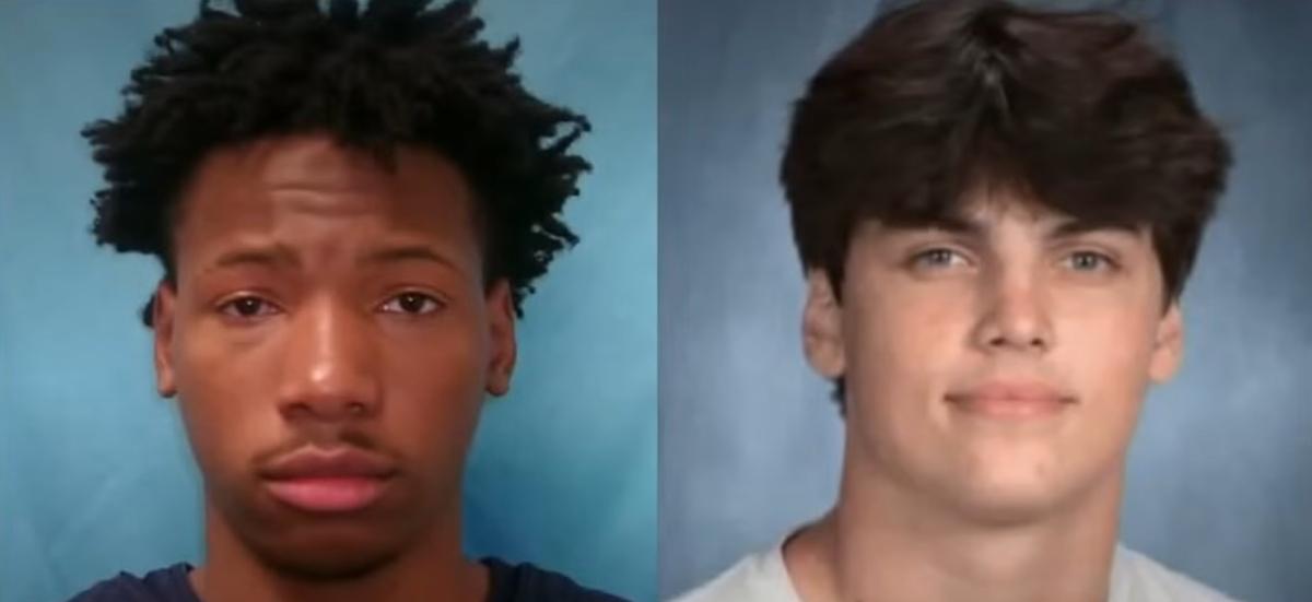 Karmelo Anthony in his first mugshot and the murder victim Austin Metcalf.