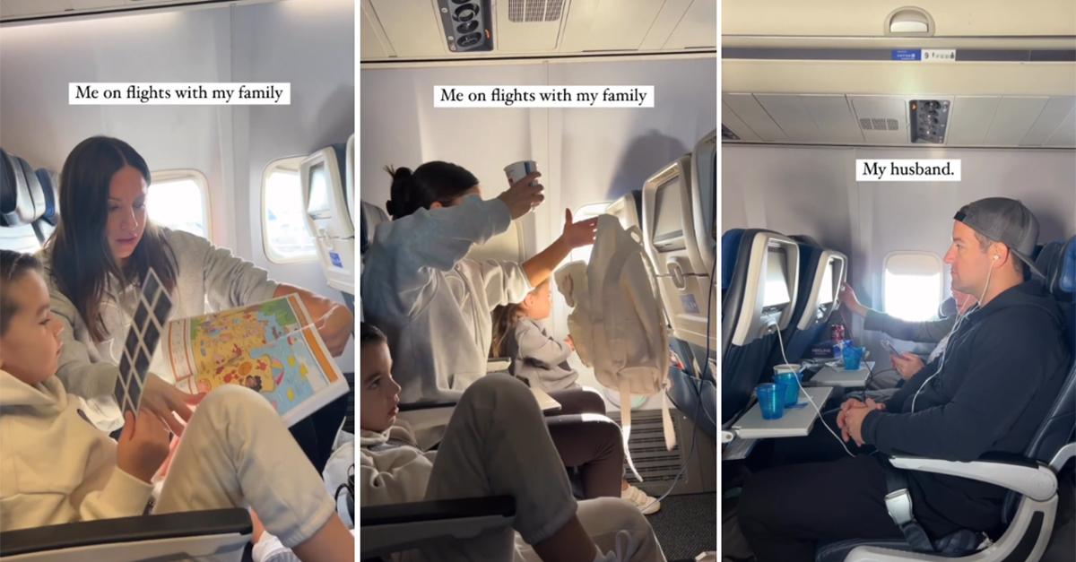 Woman handles kids flight husband relaxes