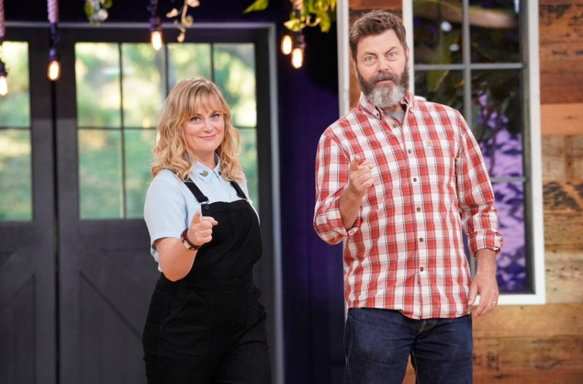 Host Amy Poehler and Nick Offerman on the set of "Making It'