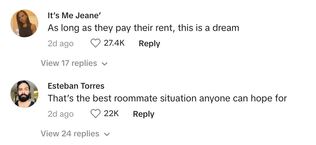 Commenters saying that it's a dream situation as long as the roommates pay their rent