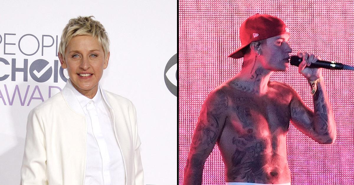 Ellen DeGeneres and Justin Bieber in side by side images. 