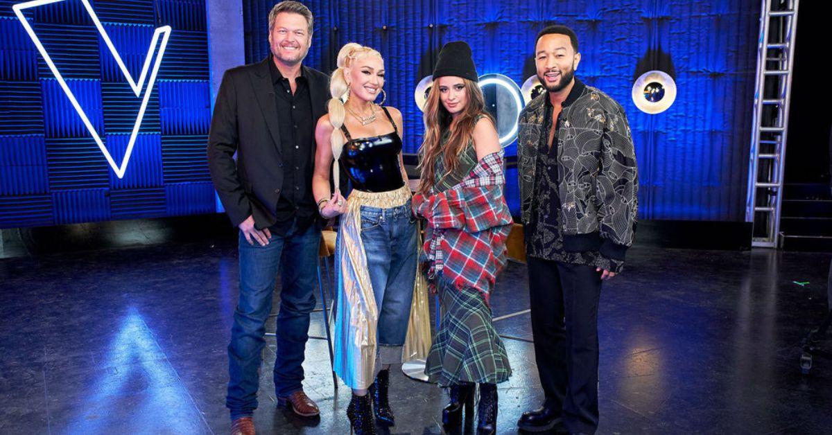 (l-r): Blake Shelton, Gwen Stefani, Camila Cabello, and John Legend on the set of 'The Voice'