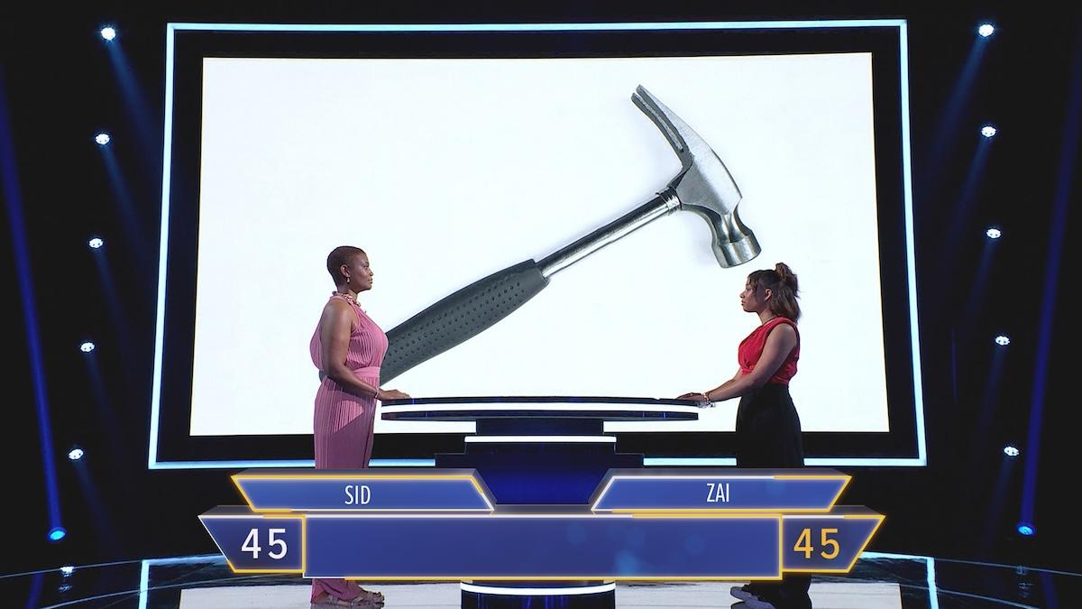 Two contestants on 'The Floor' competing in a duel