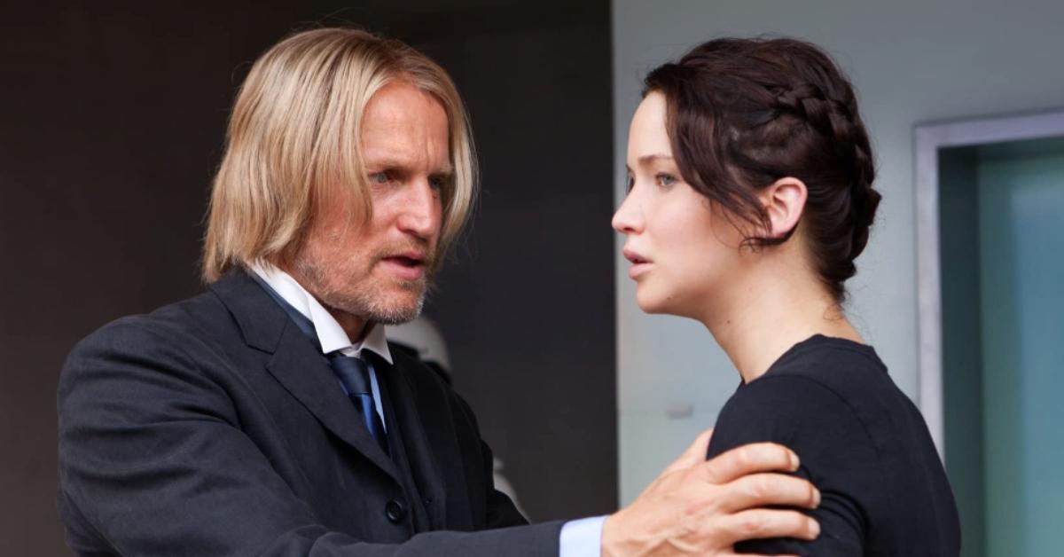 Woody Harrelson as Haymitch Abernathy and Jennifer Lawrence as Katniss Everdeen in 'The Hunger Games' (2012)