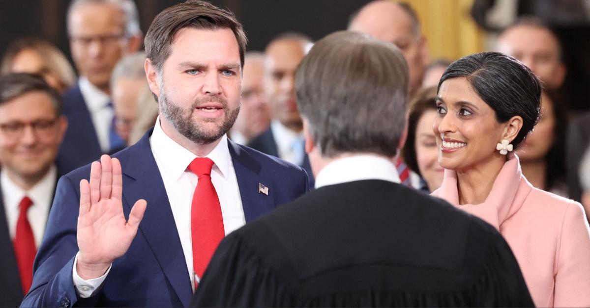 Vice President JD Vance is sworn in as his wife, Usha Vance, looks on. 