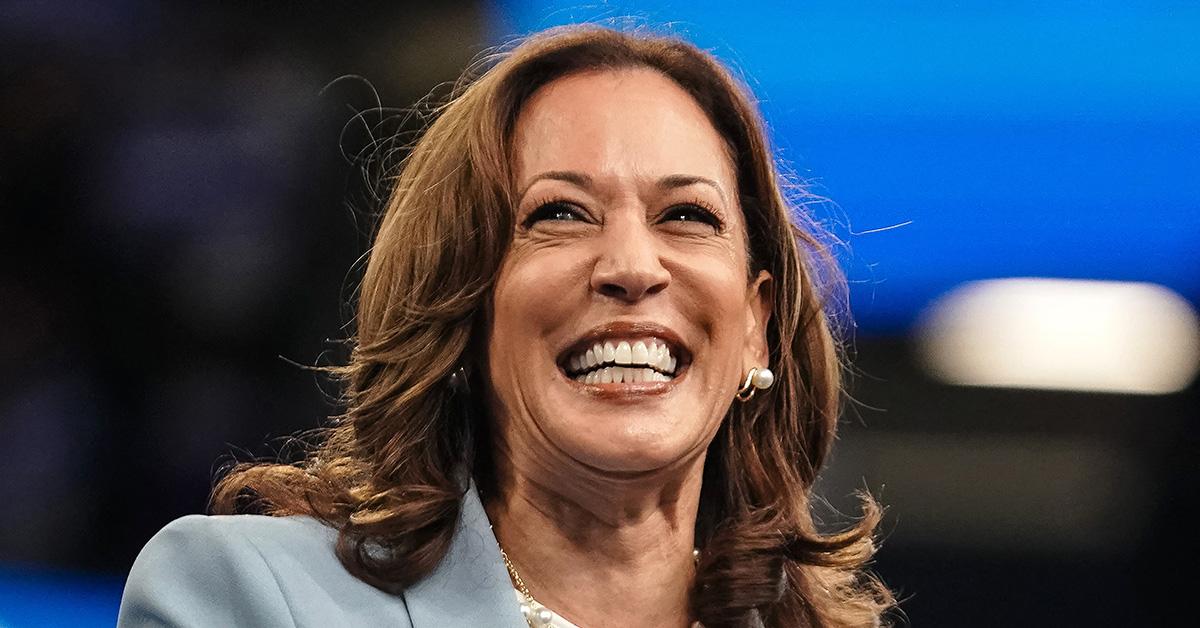 Kamala Harris smiling during a campaign stop in Atlanta. 