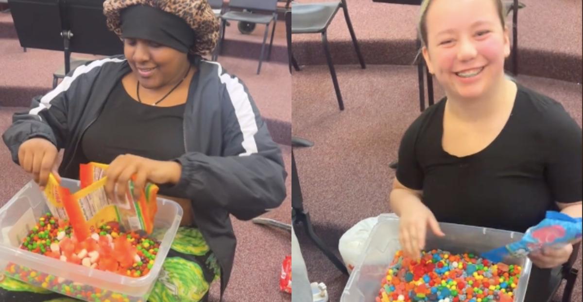 Women add their own candy to a candy salad