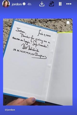 Jordon Hudson shares a message from Bill Belichick, written in her textbook, to social media