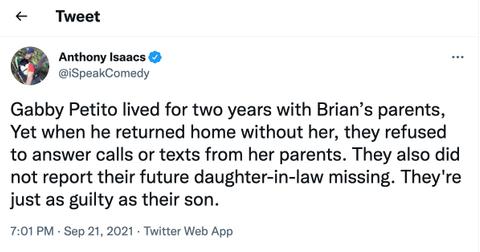 Tweet about Gabby Petito's death