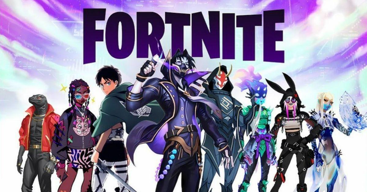 A group of Fortnite players posing on a stylized background.