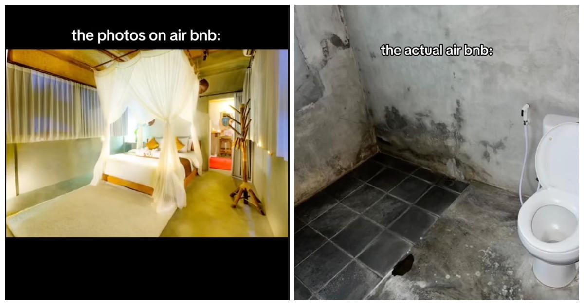 A beautiful Airbnb room with a large bed versus a room that looks like a prison cell