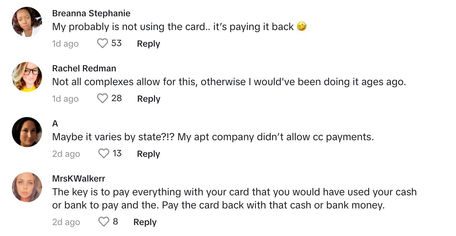 Comments on viral video of woman saying she's the only person in her complex paying rent with a credit card.