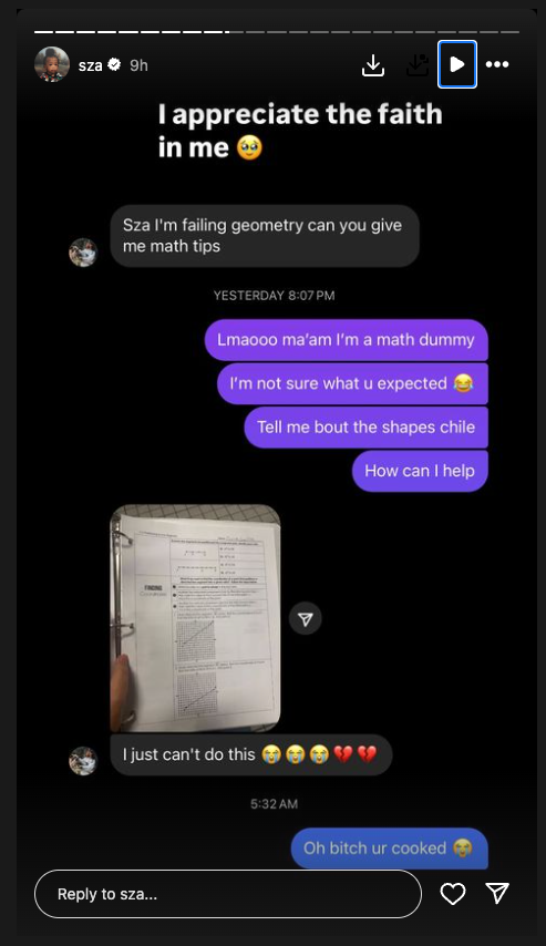 SZA's screenshot of a fan asking her for help with their math homework