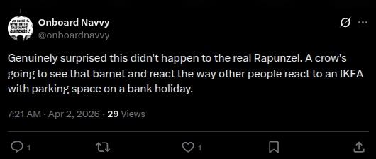 An X post about the Rapunzel animatronic and crows.