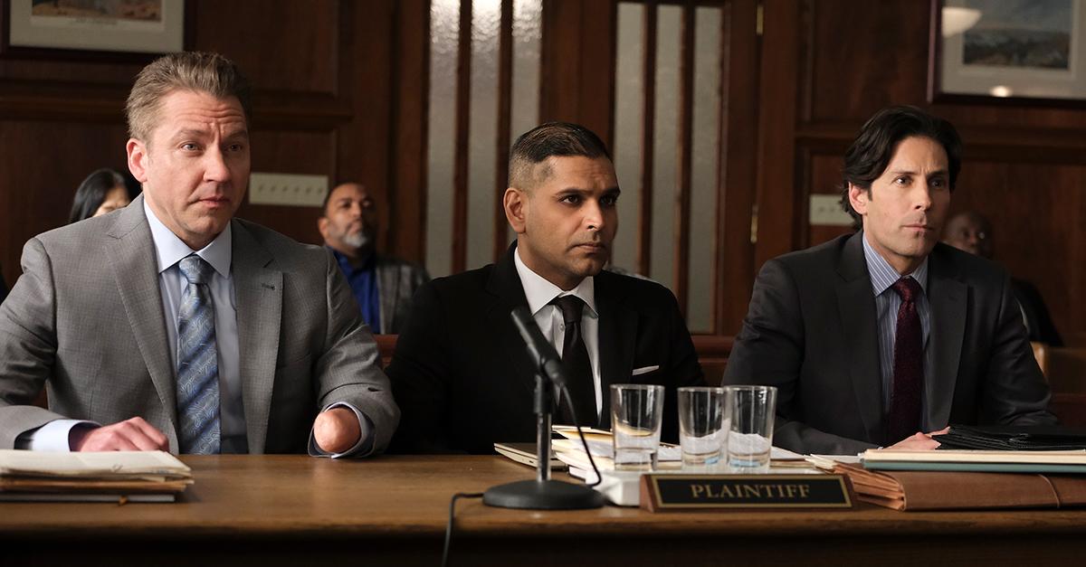 Michael Weston (far left) portrays the plaintiff suing Shaun