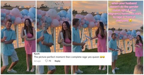 A pregnant woman and her husband at their gender reveal