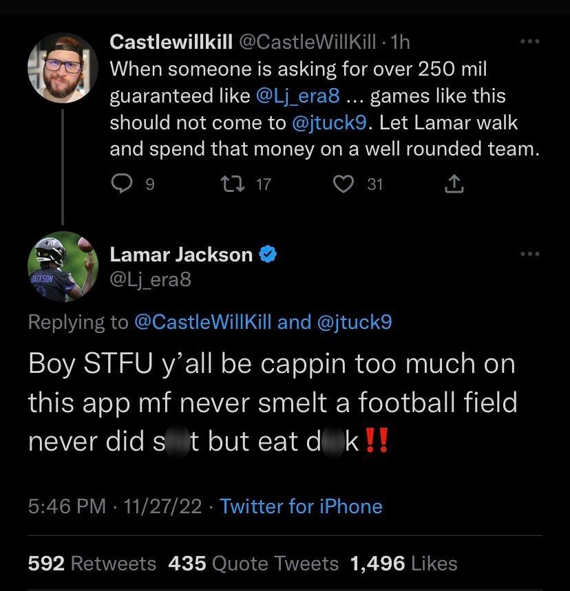 Lamar Jackson's vulgar tweet.