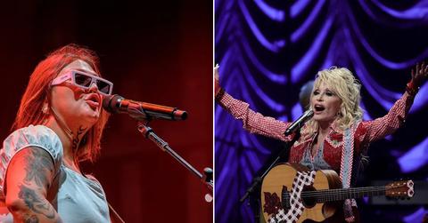 Elle King and Dolly Parton singing into mics.
