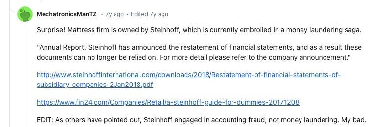 Mattress Firm Steinhoff Reddit comment