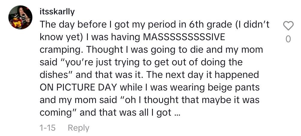 Comment on video of mom's period cake she made for her daughter to celebrate her getting her period.