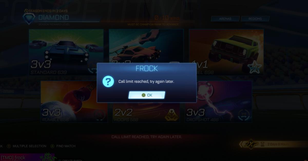 A call limit reached error message on Rocket League.