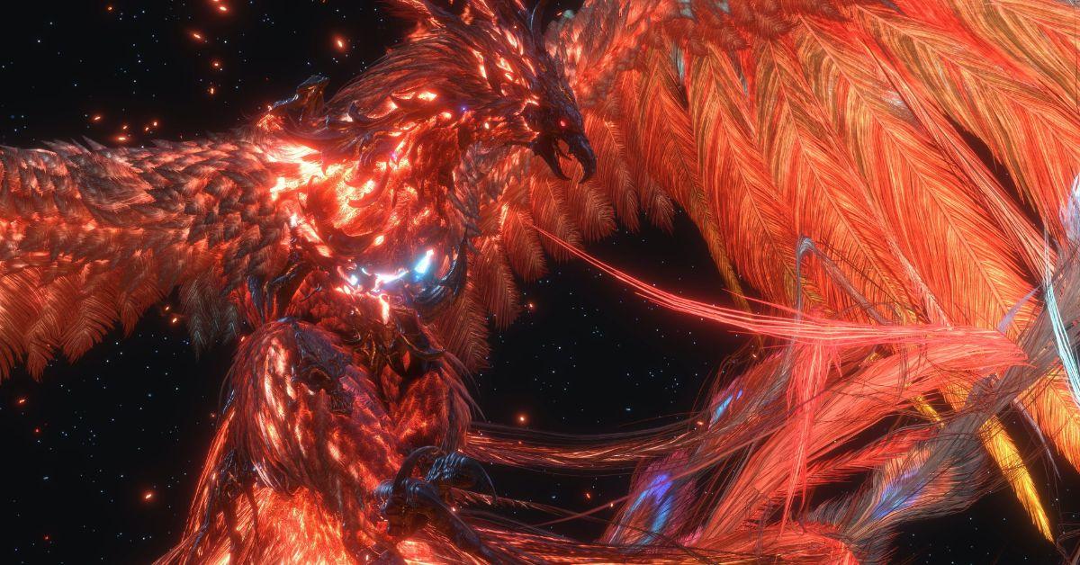 A large, magical bird with fiery feathers from Final Fantasy XVI.