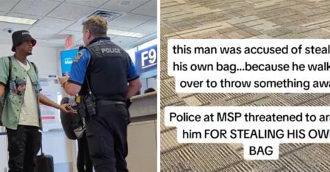 Side by side of police officer and man at airport