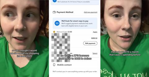 A woman compares the price of a Walmart curbside order in 2020 vs now